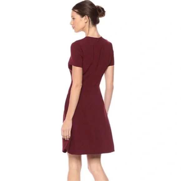 THEORY Modern Seamed Short Sleeve Jewel Neck Shift Dress in Deep Mulberry - Picture 9 of 14